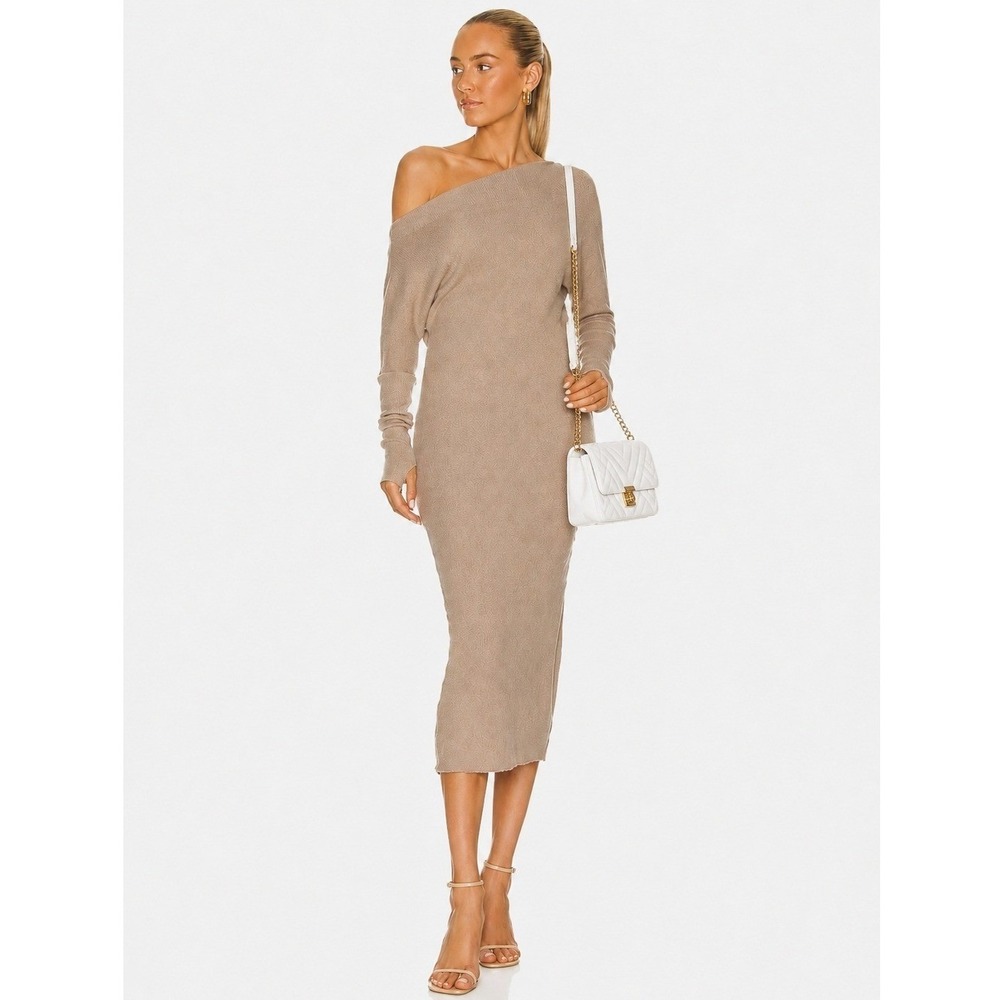Enza Costa Sweater Knit Slouch Dress Taupe Brown Midi Thumbhole M
